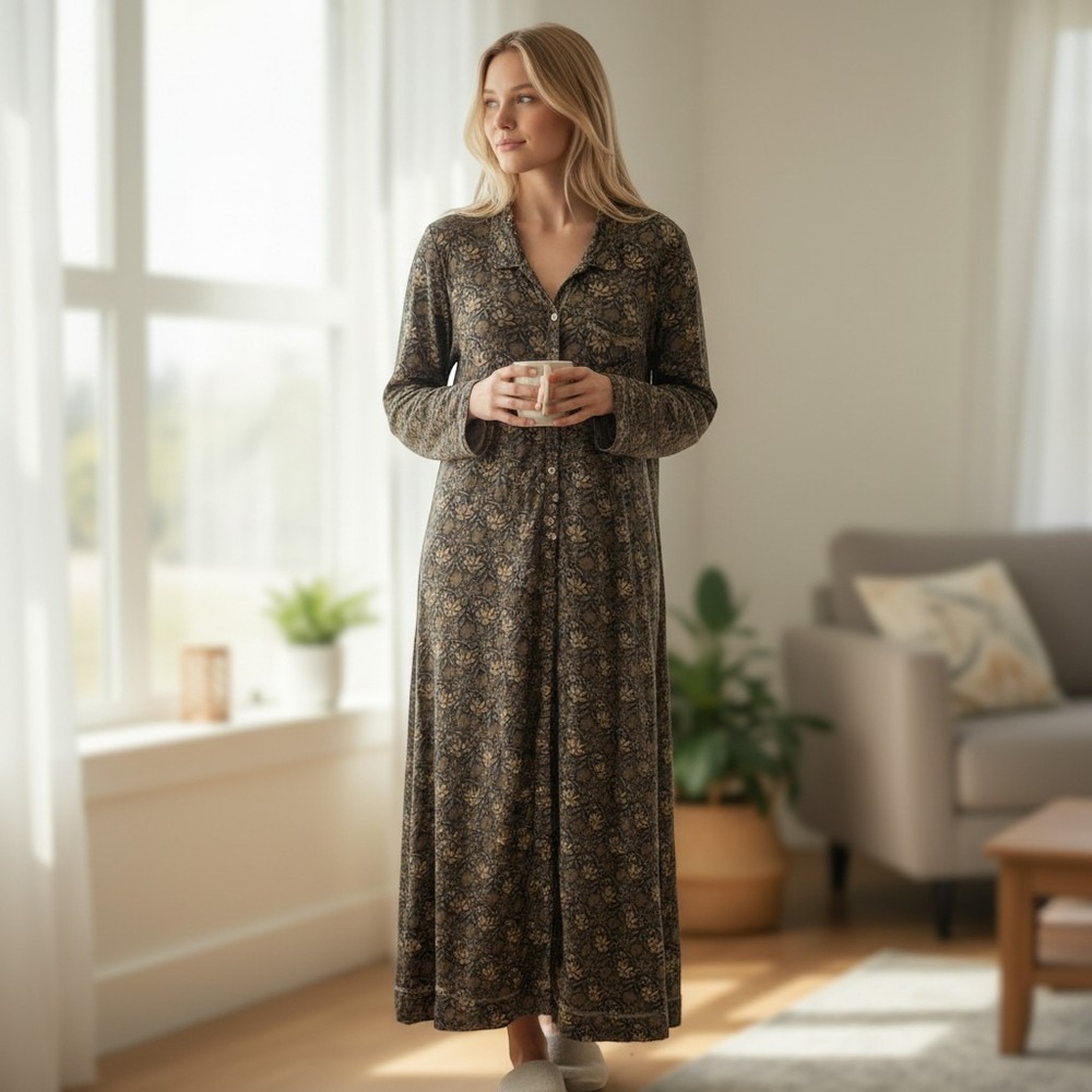 Natural Life Duster Cardigan Women's XL Brown Floral Button Front Maxi Pocket